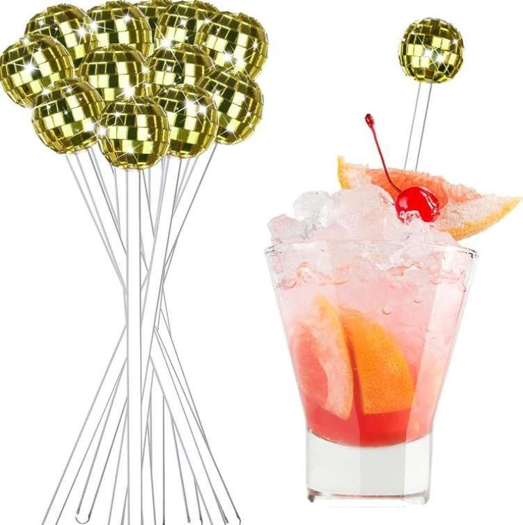 Disco mirror ball gold silver pink rose green bar accessories stir wine swizzle sticks cocktail acrylic wedding drink stirrers