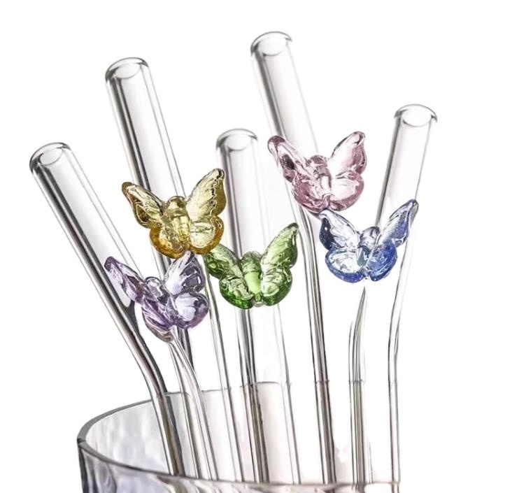 Reusable Borosilicate Butterfly Mushroom Glass Drinking Straws High temperature resistance Clear Colored Bent Cocktail Straw