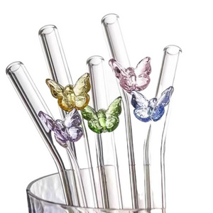 Reusable Borosilicate Butterfly Mushroom Glass Drinking Straws High temperature resistance Clear Colored Bent Cocktail Straw