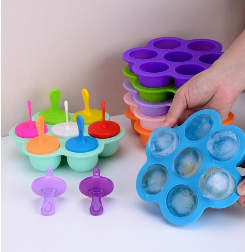 Wholesale Baby Food Storage Container Ice Cream Ball Maker With Lid Tools Silicone Popsicle Mold 7 Cavity DIY Ice Pop Molds