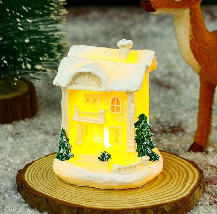 LED Christmas Ornaments Village Snow House Figurine Light Up Christmas Resin Mini Village Houses Desktop Table Decoration