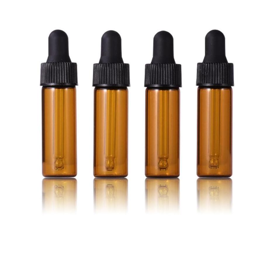 Wholesale 4ml Empty Amber Mini Glass Sample Tester Vials Essential Oil Matte Black Lids Dropper Bottles cosmetic packaging