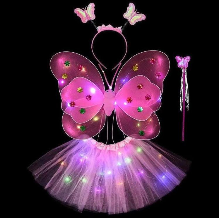 LED Glowing Butterfly Wings Girl Back Decoration Children Flashing Toys Wonderful Magic Wand Flower Fairy Set For Birthday Party