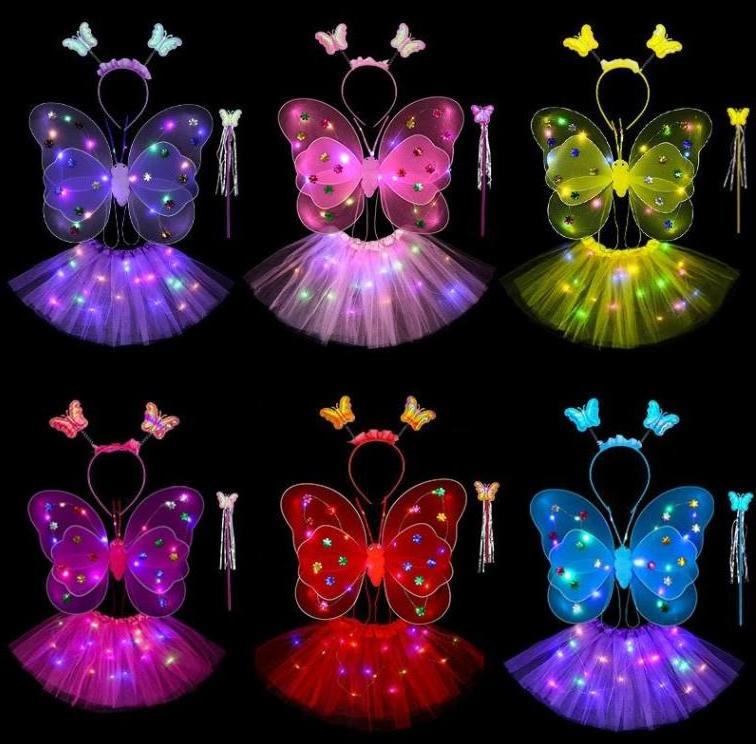 LED Glowing Butterfly Wings Girl Back Decoration Children Flashing Toys Wonderful Magic Wand Flower Fairy Set For Birthday Party