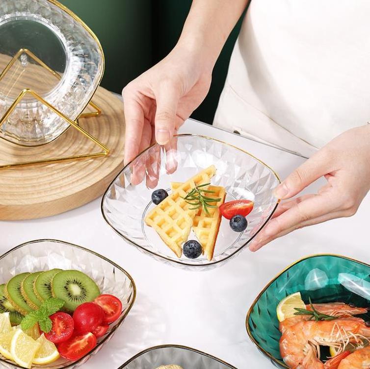 Light luxury transparent plastic fruit plate bone dish golden edge good-looking dried fruit dessert tray plates snack candy dish