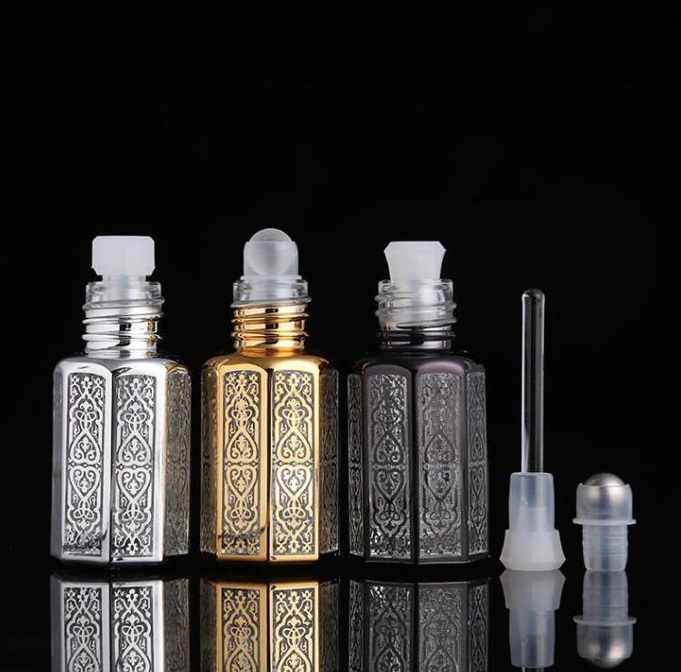 3ml 6ml 12ml Gold Octagon essential oil Perfume Roller Bottle Arabian Attar Oud Oil Empty Octagonal Glass roll on bottles