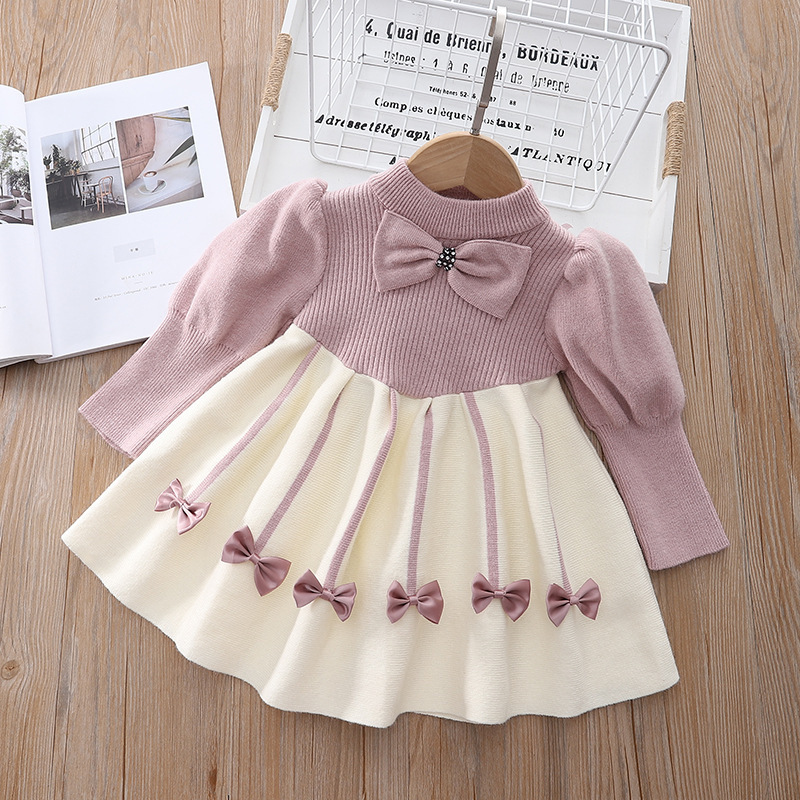 2023 New Style For Girls Sweater Dress Children Winter Knit Clothes Long Sleeves Casual Outfits Bow Toddler Princess Party Dress