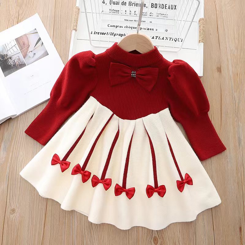 2023 New Style For Girls Sweater Dress Children Winter Knit Clothes Long Sleeves Casual Outfits Bow Toddler Princess Party Dress