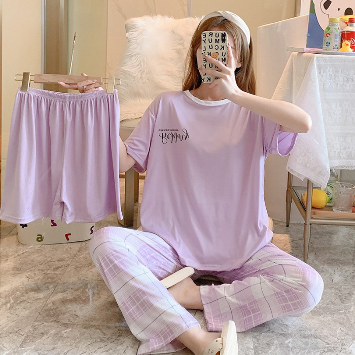 Wholesale Price Summer Lady's Pajamas Set Short Sleeve Trousers And Shorts 3 PCS Home Clothes Set