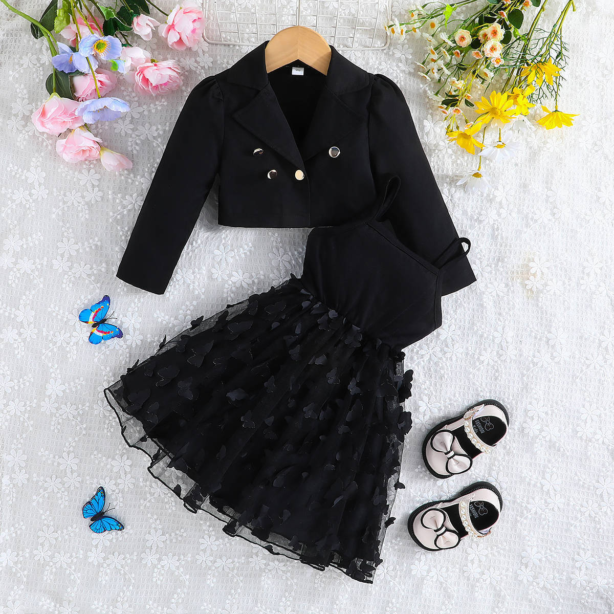 2024 Autumn new fashion kids clothes sweet baby girls tulle puff dresses long sleeve solid coat and skirt outfits for girls