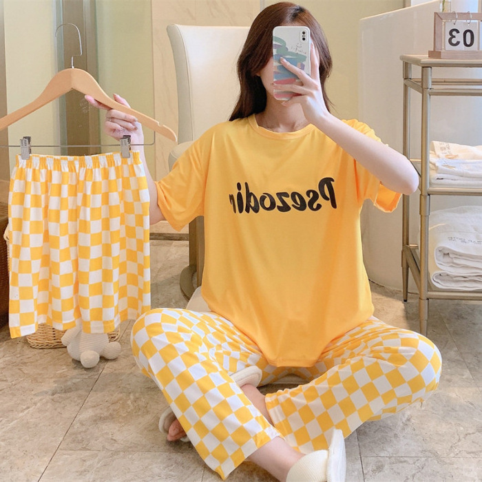 Wholesale Price Summer Lady's Pajamas Set Short Sleeve Trousers And Shorts 3 PCS Home Clothes Set