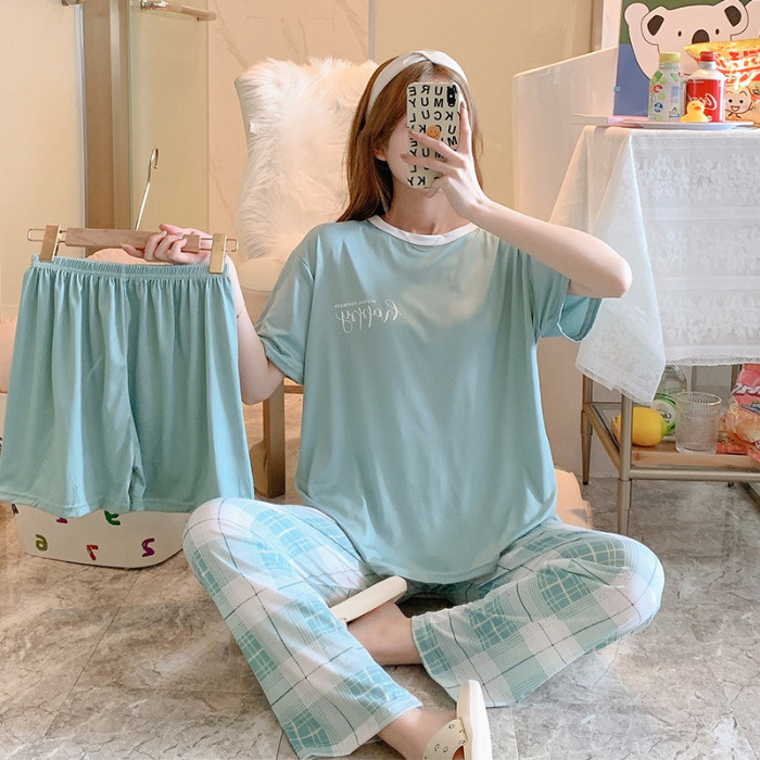 Wholesale Price Summer Lady's Pajamas Set Short Sleeve Trousers And Shorts 3 PCS Home Clothes Set