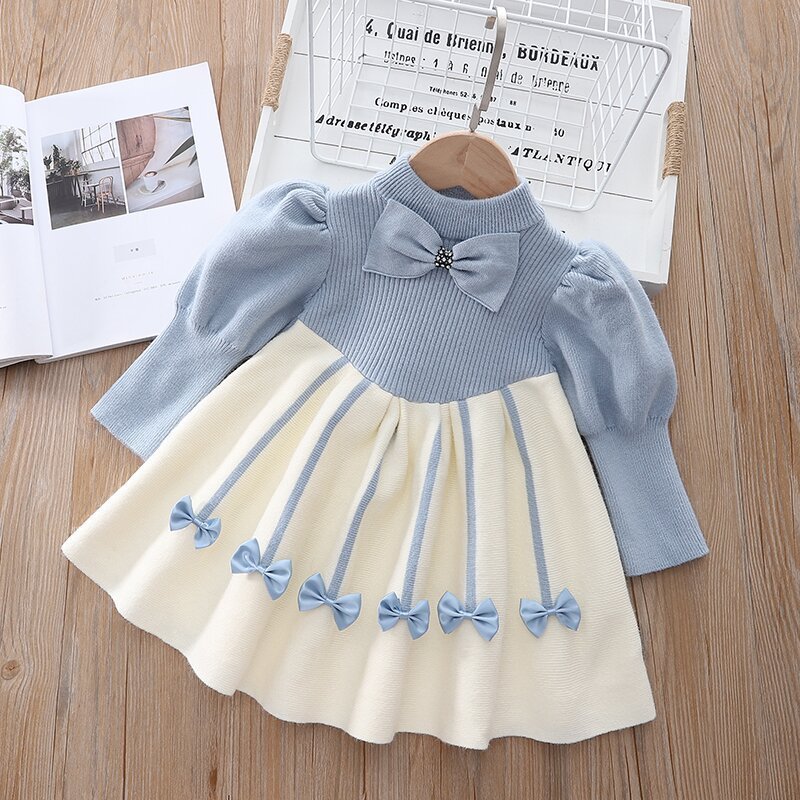 2023 New Style For Girls Sweater Dress Children Winter Knit Clothes Long Sleeves Casual Outfits Bow Toddler Princess Party Dress