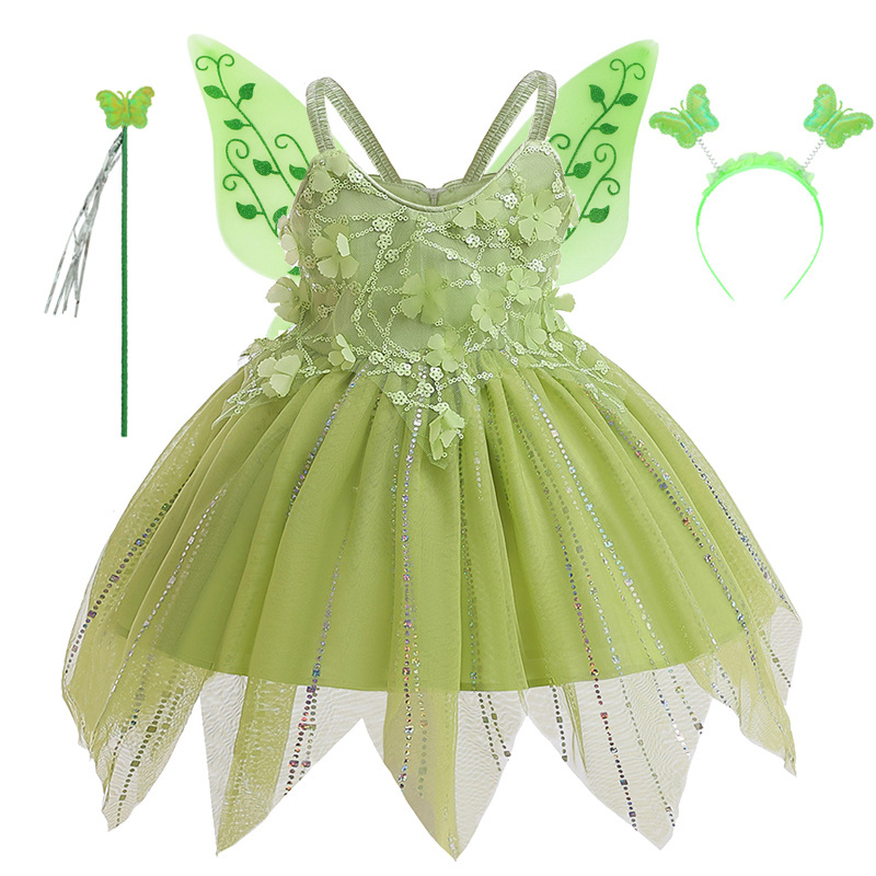 Tinker Bell Tiana Princess Dress Elf Costume Girls Fairy Birthday Party Halloween Christmas Carnival Cosplay