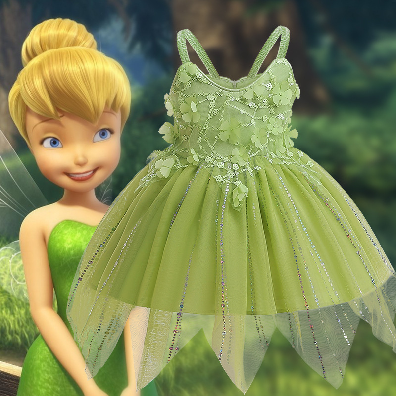 Tinker Bell Tiana Princess Dress Elf Costume Girls Fairy Birthday Party Halloween Christmas Carnival Cosplay