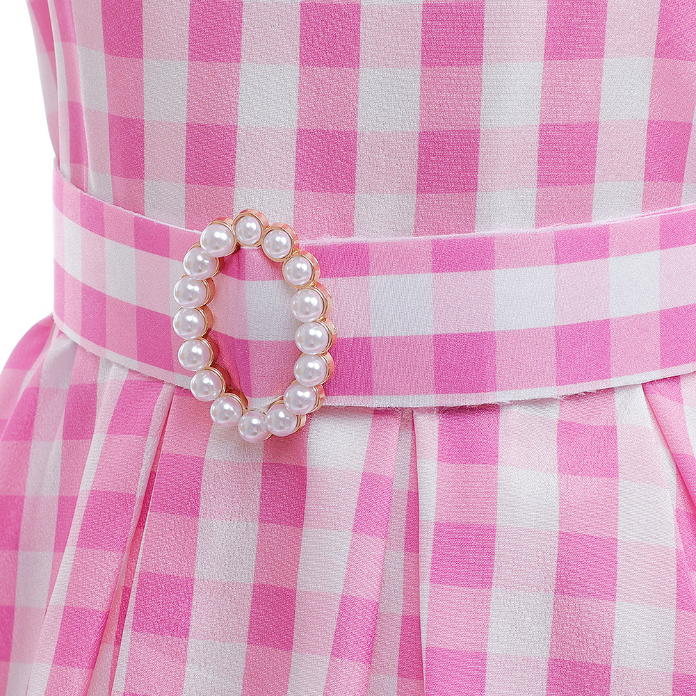 Summer Kids Carnival Cosplay Halloween Costumes Summer Children Princess Girls Birthday Party Pink Plaid Margot Robbie Dress UP