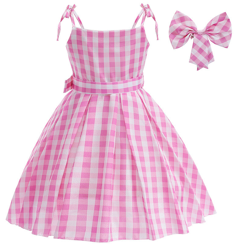 Summer Kids Carnival Cosplay Halloween Costumes Summer Children Princess Girls Birthday Party Pink Plaid Margot Robbie Dress UP