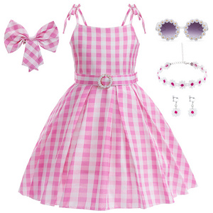 Summer Kids Carnival Cosplay Halloween Costumes Summer Children Princess Girls Birthday Party Pink Plaid Margot Robbie Dress UP