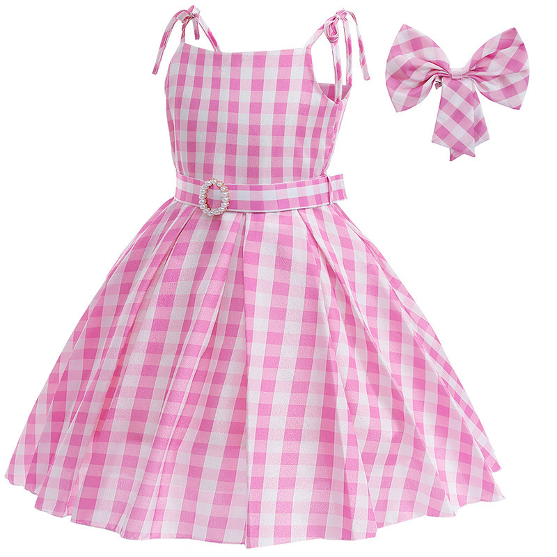 Summer Kids Carnival Cosplay Halloween Costumes Summer Children Princess Girls Birthday Party Pink Plaid Margot Robbie Dress UP