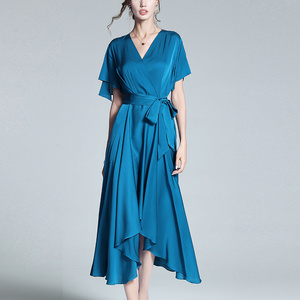 Summer High-End Satin Dresses Women V-Neck Elegant Slim Silk Satin Maxi Long Dress Styles Smooth Soft Satin Half Sleeve Dress