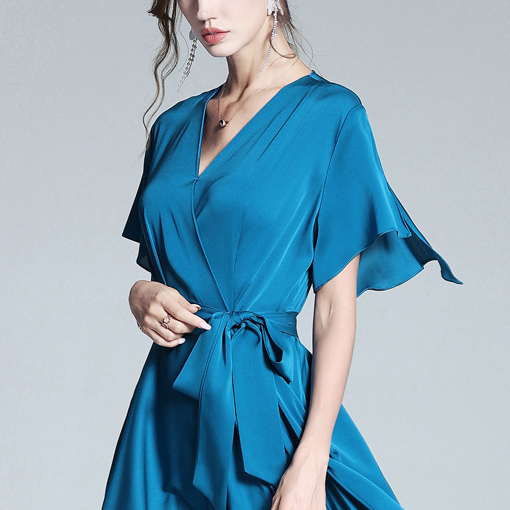 Summer High-End Satin Dresses Women V-Neck Elegant Slim Silk Satin Maxi Long Dress Styles Smooth Soft Satin Half Sleeve Dress