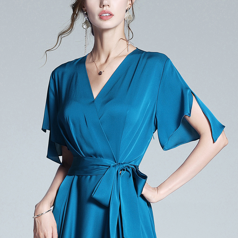 Summer High-End Satin Dresses Women V-Neck Elegant Slim Silk Satin Maxi Long Dress Styles Smooth Soft Satin Half Sleeve Dress