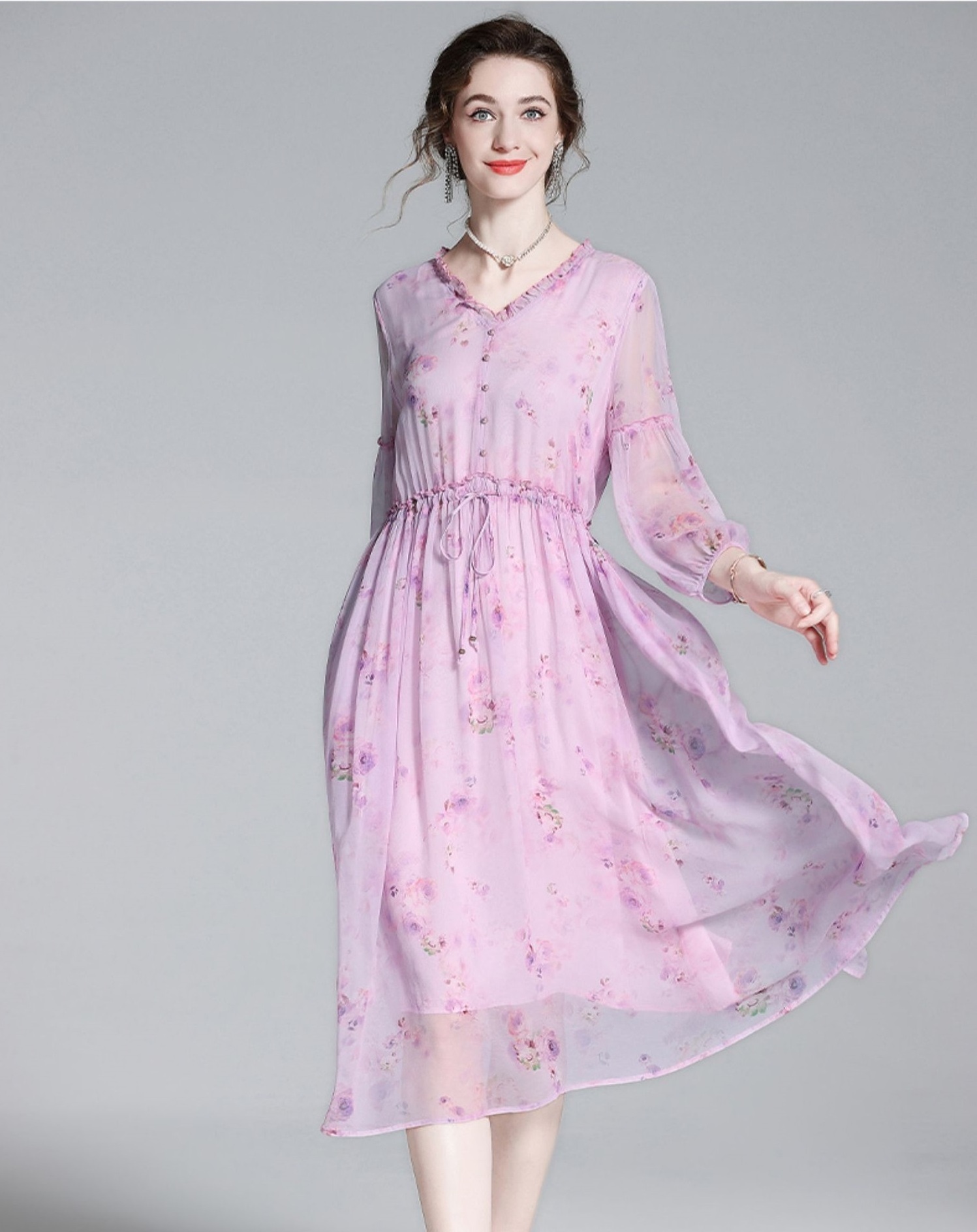 Top Fashion High Quality Hot Selling Ladies Silk Knee-Length Translucent Dress 100% Mulberry Silk Natural Waistline Dress Women