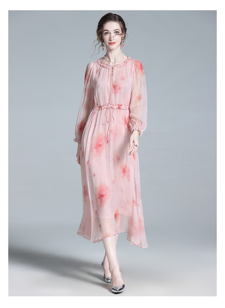 Sweet Pink Mulberry Silk Dress Ladies Gentle French Floral Skirt Silk Dress 100% Mulberry Silk Lace Decoration Dresses Women