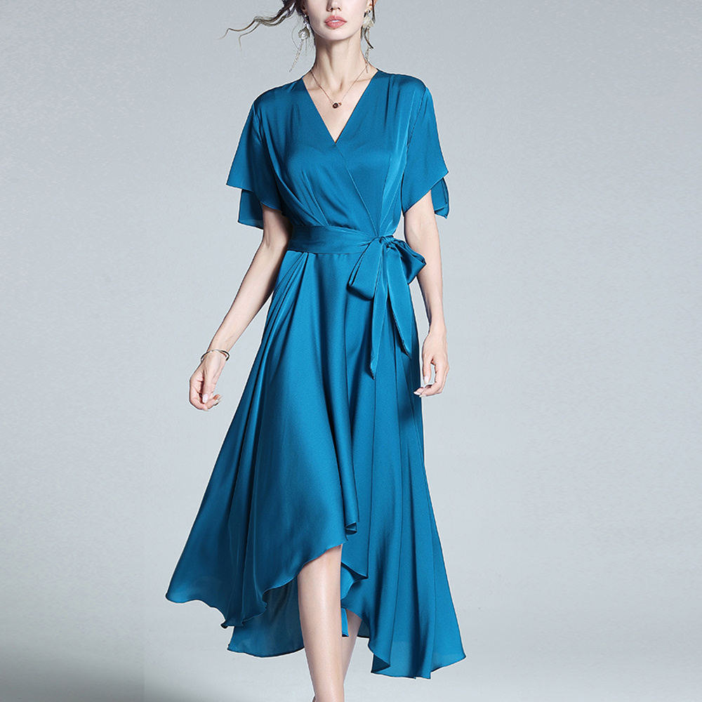 Summer High-End Satin Dresses Women V-Neck Elegant Slim Silk Satin Maxi Long Dress Styles Smooth Soft Satin Half Sleeve Dress