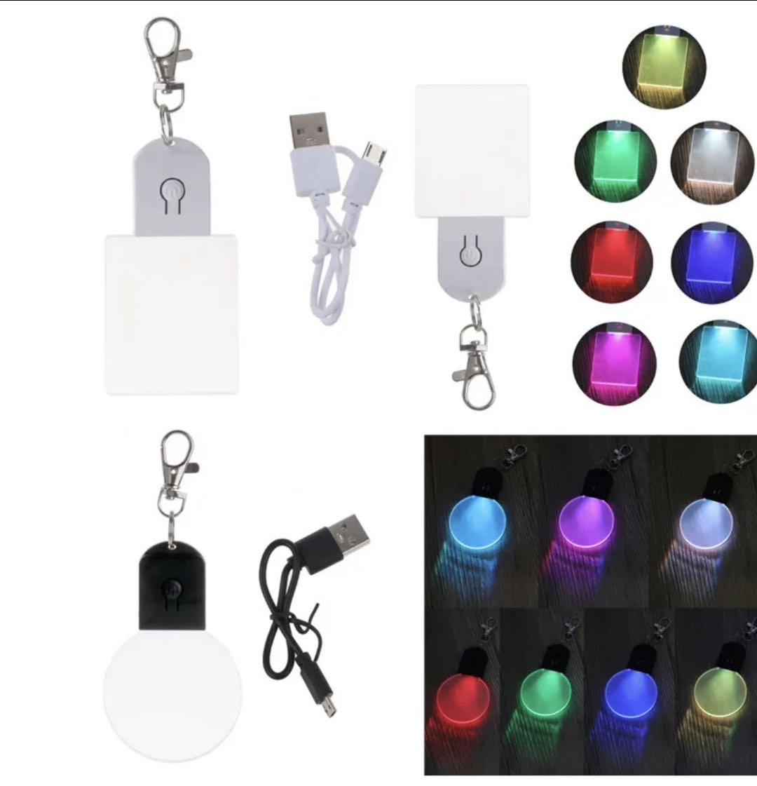 Blank USB Crystal Square Round light keyring Laser Engraving acrylic rechargeable 3D LED Keychain