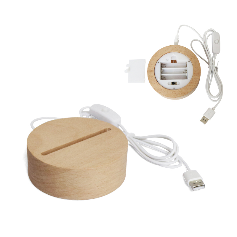 Wholesale Natural Round Wood Table Light Base With USB Battery Operated Night Light Led Base For 3D Table Lamp