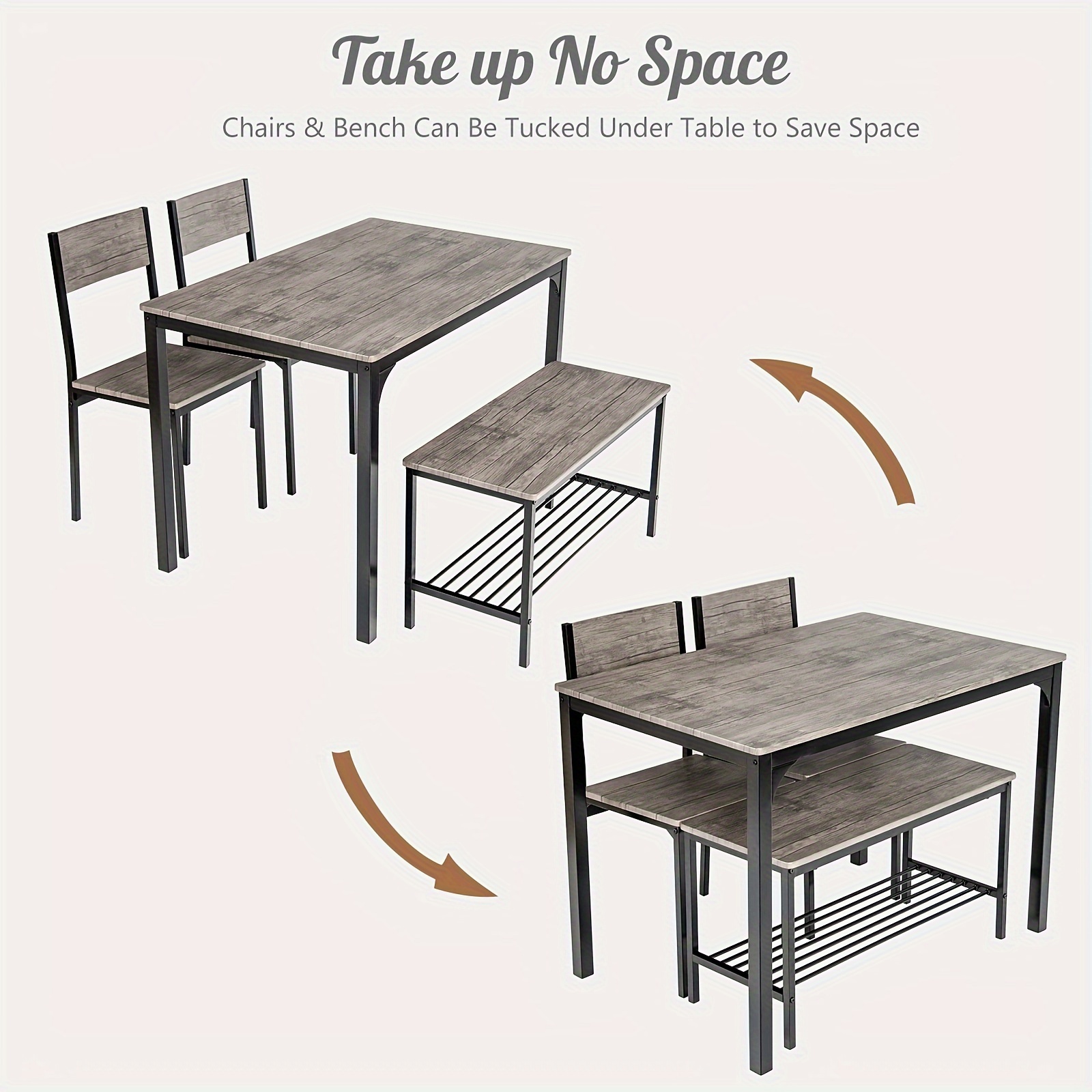 Modern Style Gray Storage Rack 4-Piece Dining Table Set Rural Desk 2 Chairs Bench