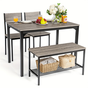 Modern Style Gray Storage Rack 4-Piece Dining Table Set Rural Desk 2 Chairs Bench