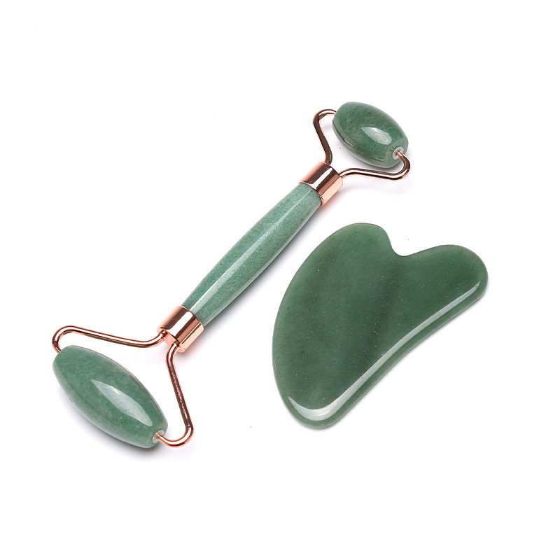 jade roller massager Heart-shaped gua Sha set jade beautiful container double head roller dark green roller