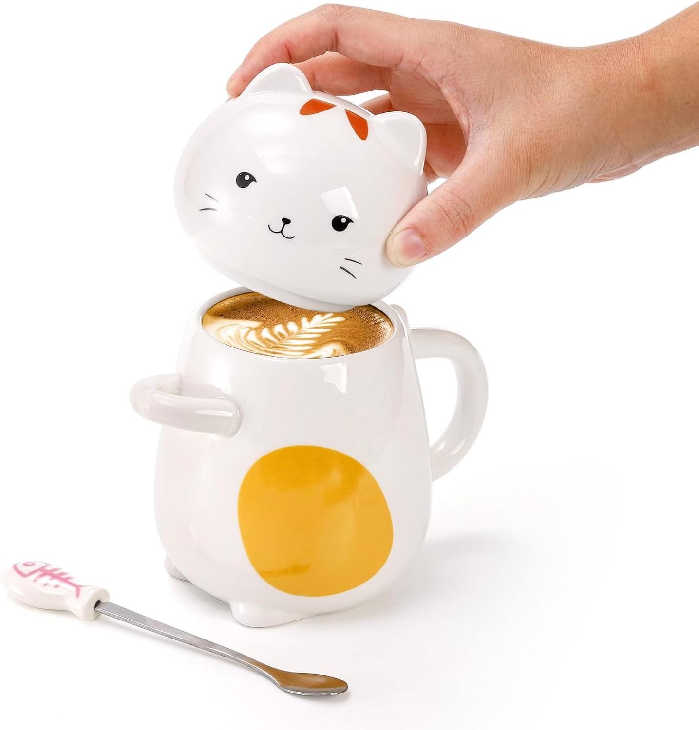 2-Piece Cute Cat Mug, 14 oz 3D Kawaii Ceramic Coffee Mug, Novelty Porcelain Cat Tea Mug with Lid and Spoon