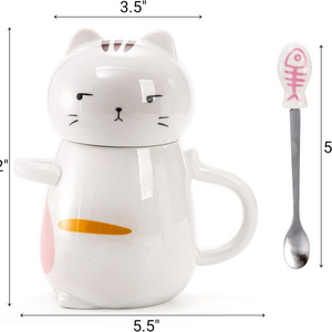 2-Piece Cute Cat Mug, 14 oz 3D Kawaii Ceramic Coffee Mug, Novelty Porcelain Cat Tea Mug with Lid and Spoon