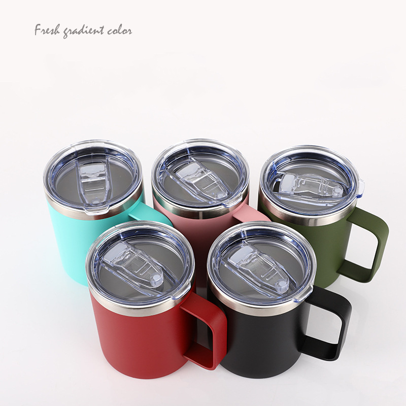 12 oz mixed color mug with handle, stainless steel insulated travel drum, sliding cover, double wall vacuum camping coffee