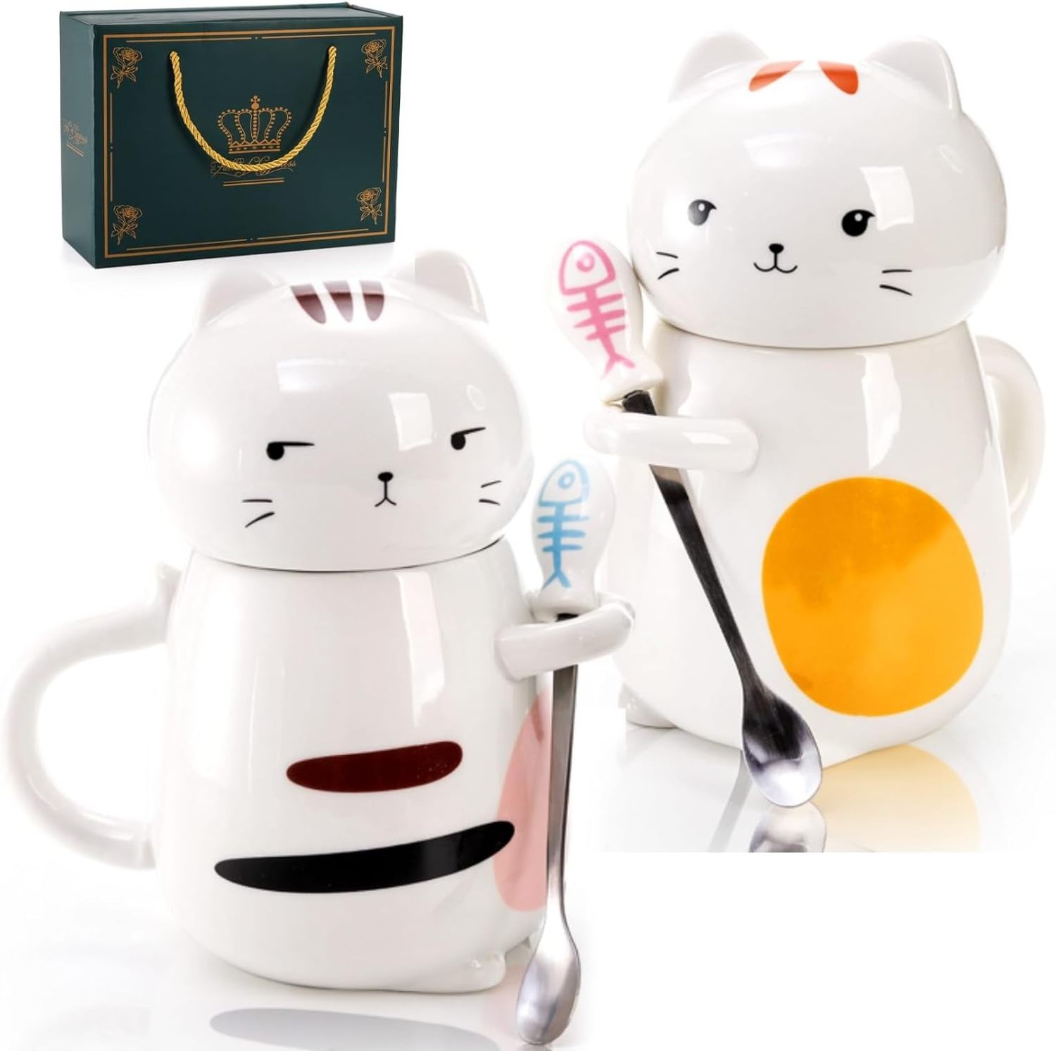 2-Piece Cute Cat Mug, 14 oz 3D Kawaii Ceramic Coffee Mug, Novelty Porcelain Cat Tea Mug with Lid and Spoon