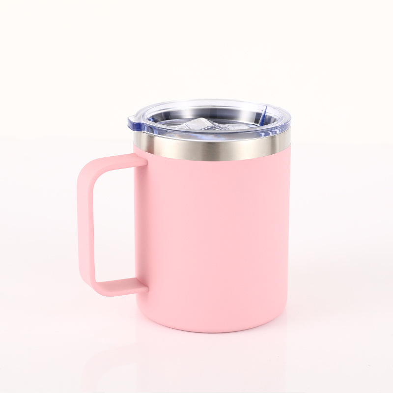 12 oz mixed color mug with handle, stainless steel insulated travel drum, sliding cover, double wall vacuum camping coffee