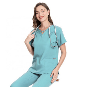 Latest design good price custom logo colorful V-neck sexy medical scrub hospital nurse doctor uniform blouse