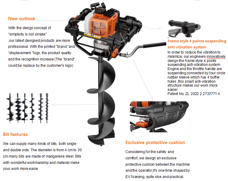 Professional 52cc soil auger single man handheld earth auger drill 2 stroke gasoline earth auger hole digger