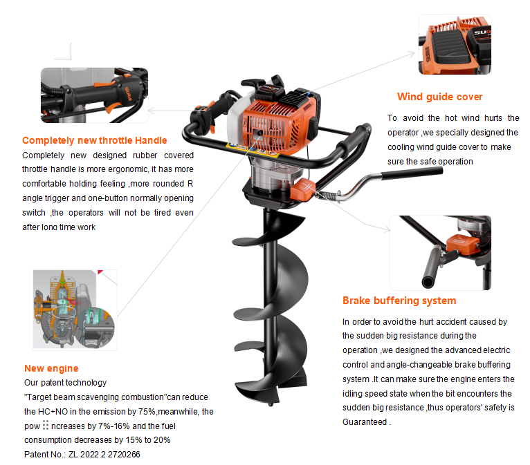 Professional 52cc soil auger single man handheld earth auger drill 2 stroke gasoline earth auger hole digger