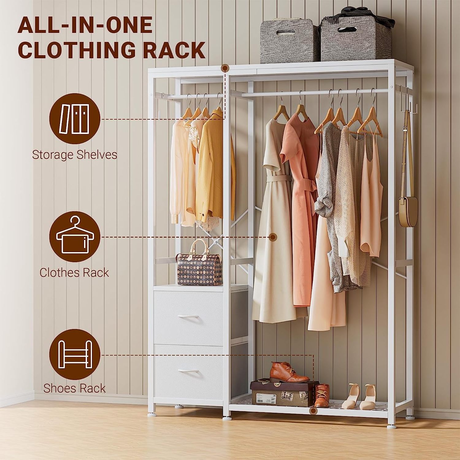 Freestanding Clothes Rack Organizer Industrial Clothing Racks with Shelves, Drawers,  Hooks,  Hanging Rods