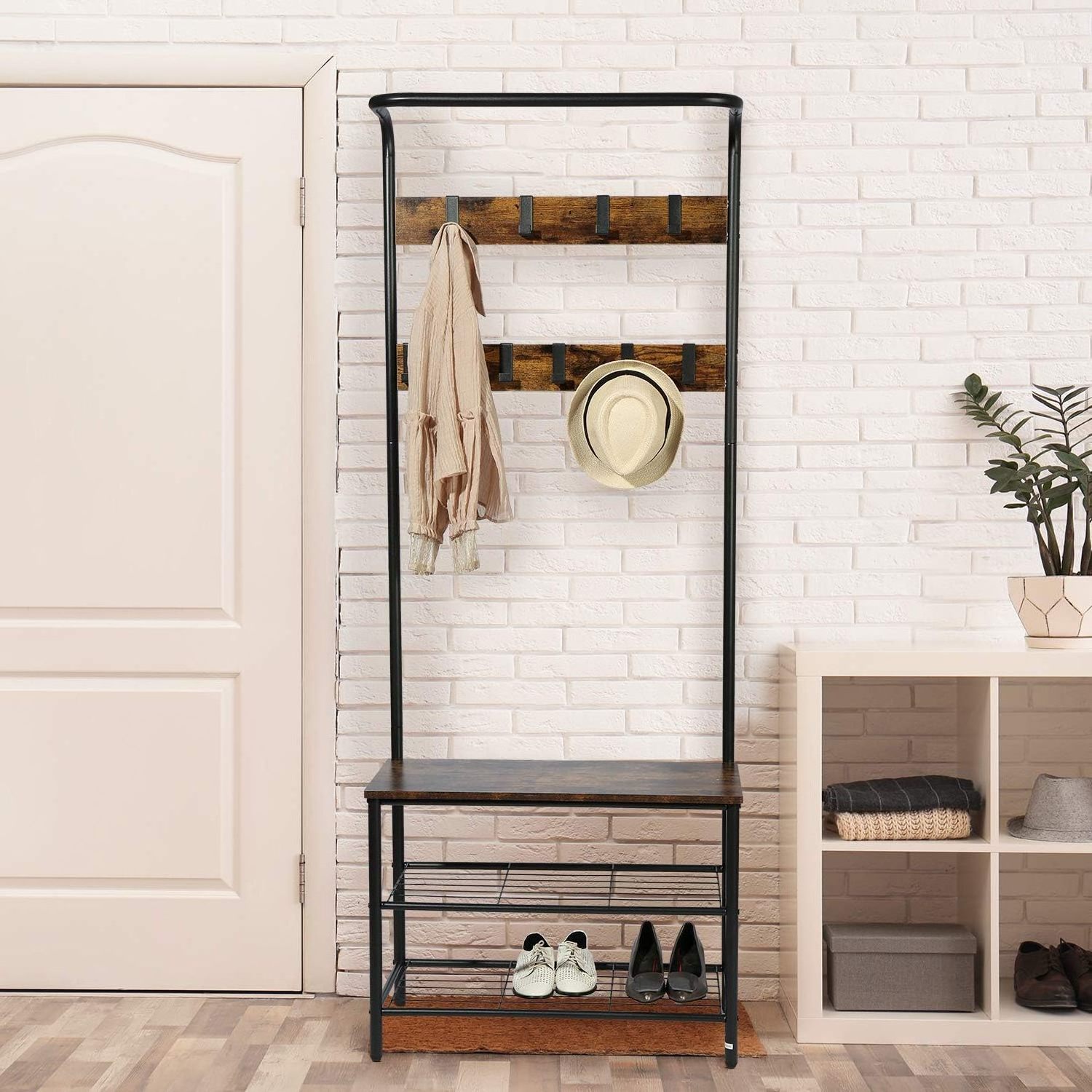 Industrial Coat Rack, Entryway Shoe Bench with Coat Rack, Freestanding Wood Finish Hall Tree with Metal Storage Shelf