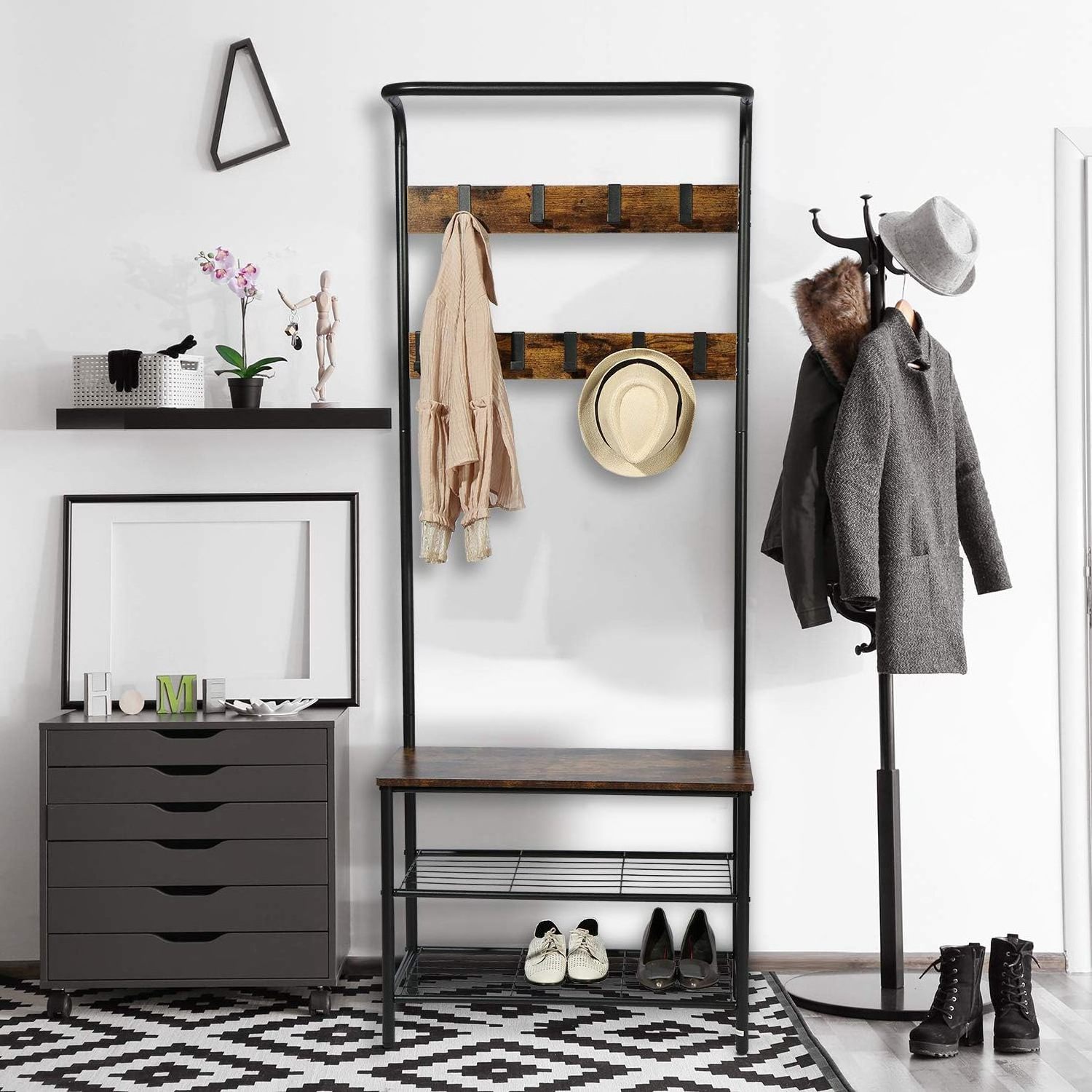 Industrial Coat Rack, Entryway Shoe Bench with Coat Rack, Freestanding Wood Finish Hall Tree with Metal Storage Shelf