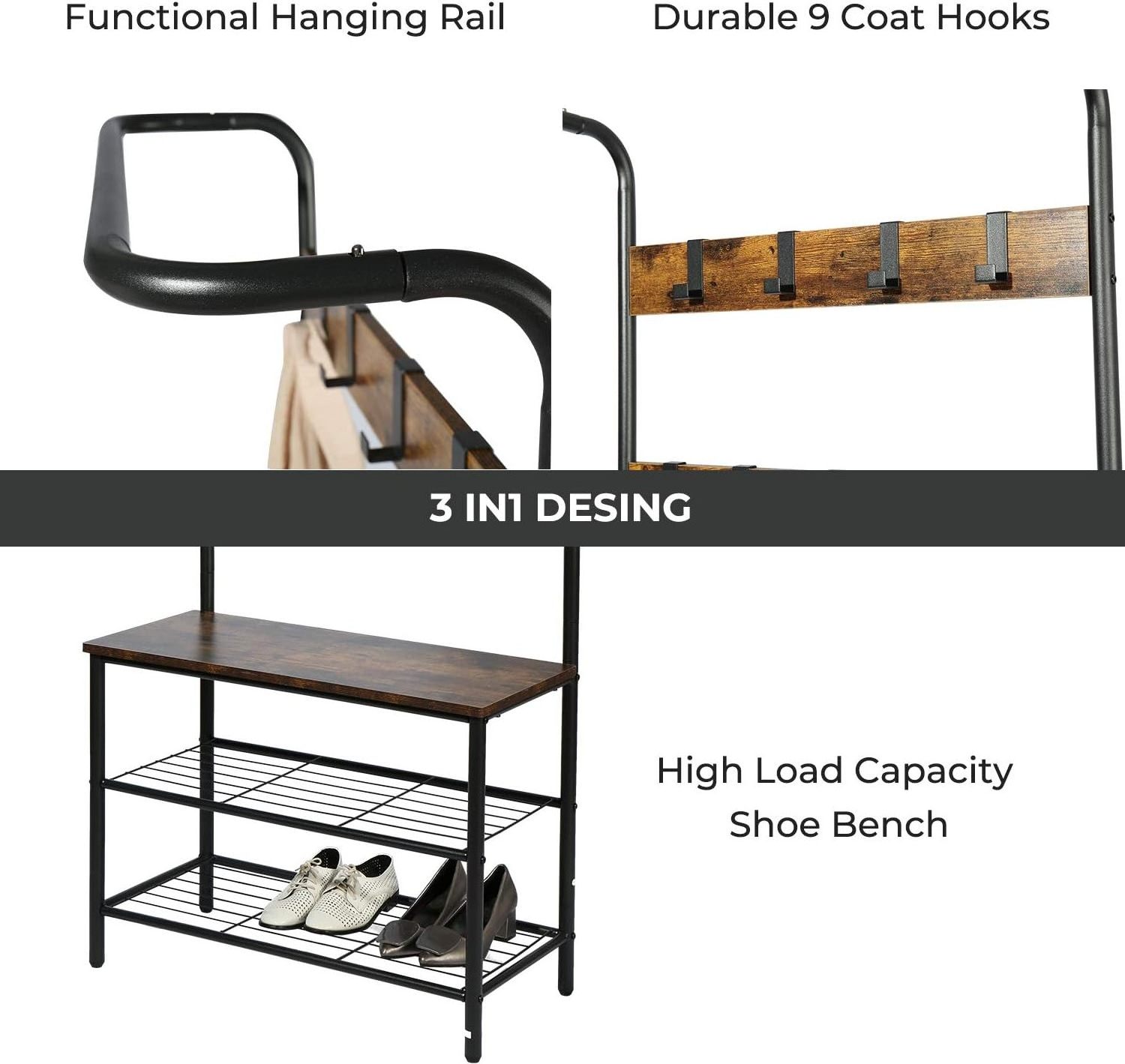 Industrial Coat Rack, Entryway Shoe Bench with Coat Rack, Freestanding Wood Finish Hall Tree with Metal Storage Shelf