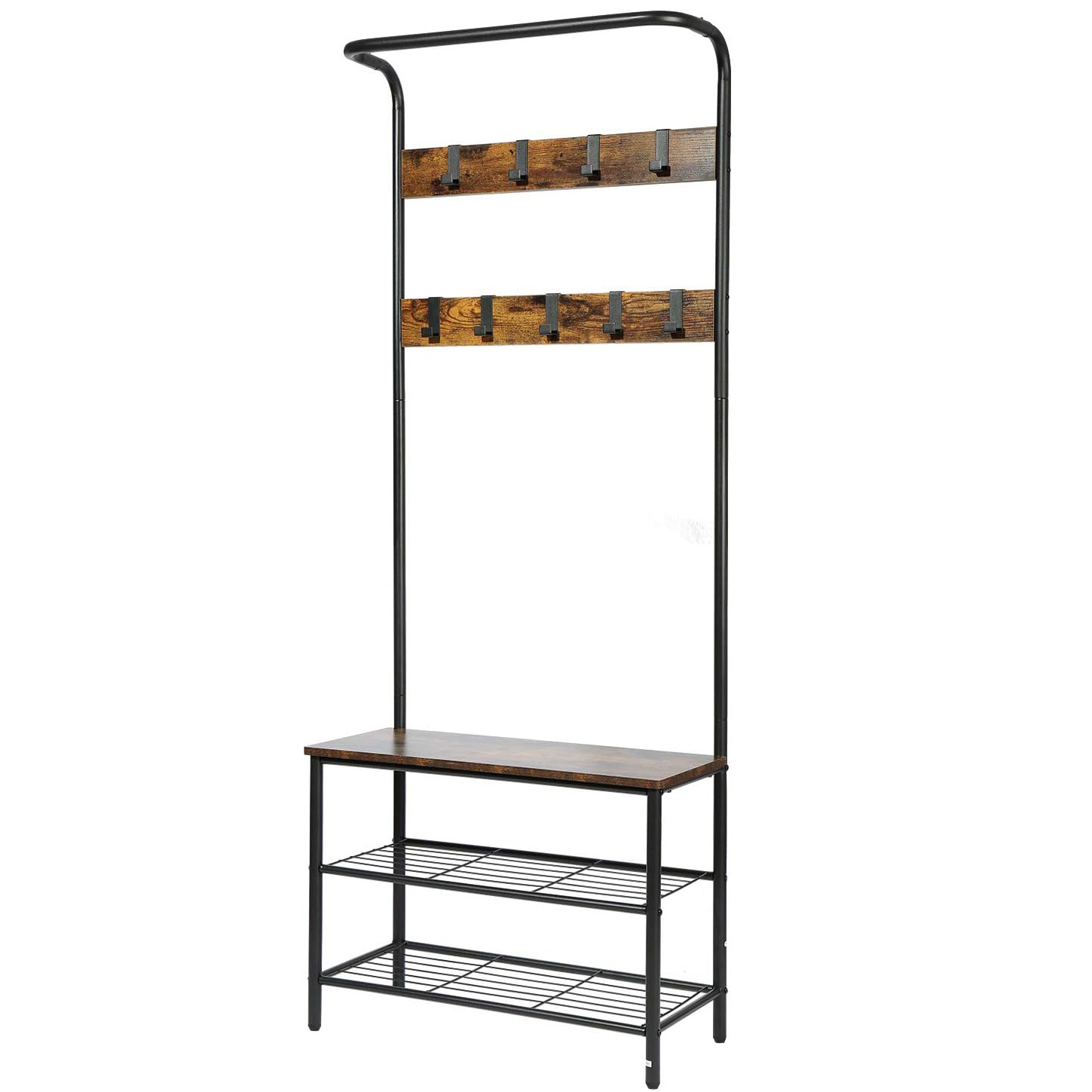 Industrial Coat Rack, Entryway Shoe Bench with Coat Rack, Freestanding Wood Finish Hall Tree with Metal Storage Shelf