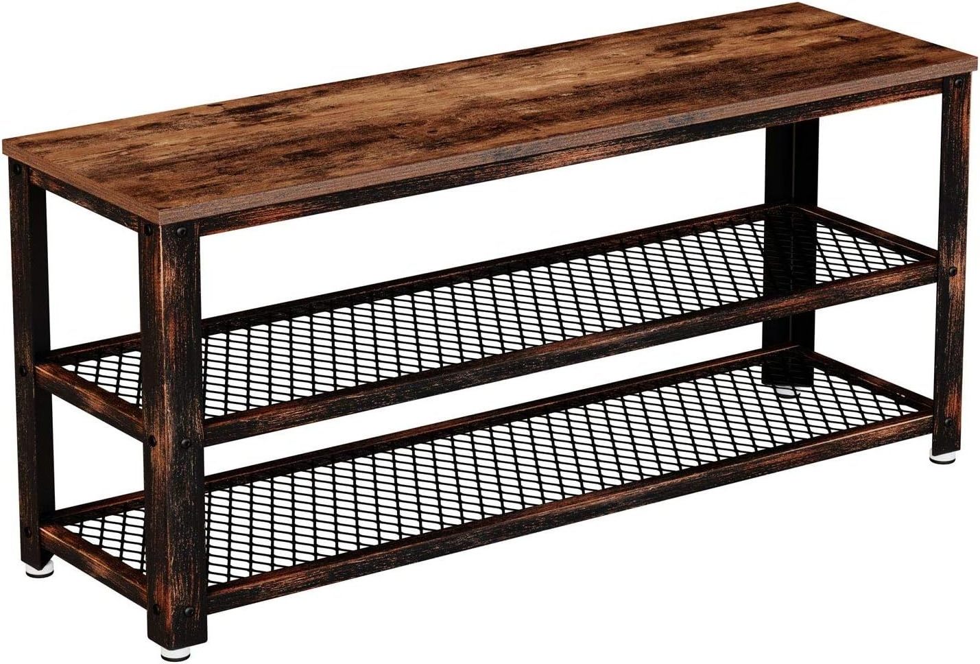 Rustic Brown 3 Tier Wood Top Seat Shoe Rack Bench with Mesh Shelves