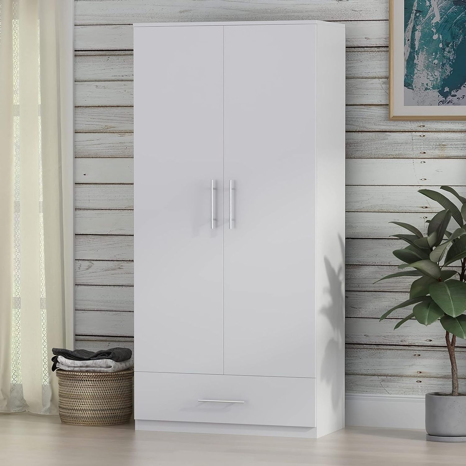 Wardrobe Armoire Closet with 2 Doors, Freestanding Wardrobe Cabinet with Drawer & Hanging Rod, Bedroom Armoire Clothes Organizer