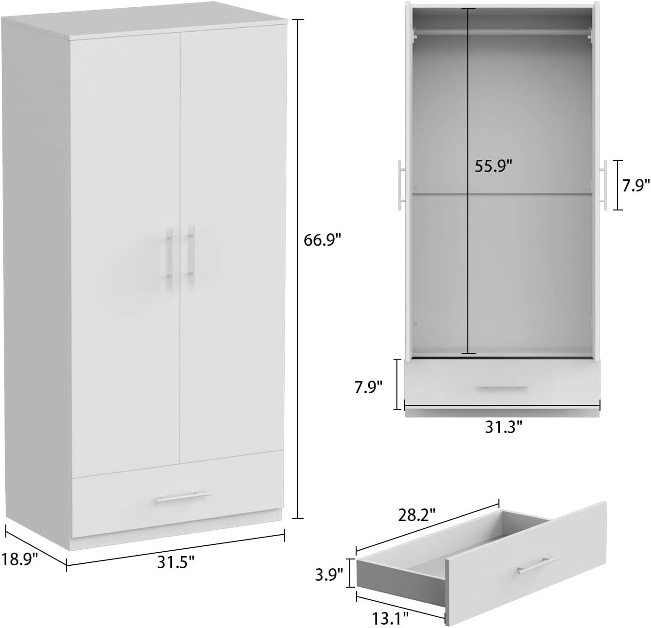 Wardrobe Armoire Closet with 2 Doors, Freestanding Wardrobe Cabinet with Drawer & Hanging Rod, Bedroom Armoire Clothes Organizer